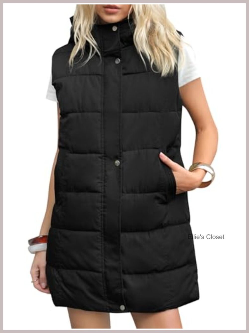 Long Puffer Vest Hooded Quilted Zip Up Sleeveless Jacket